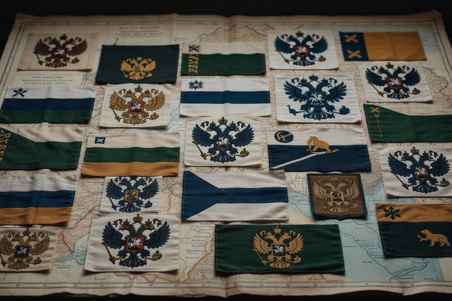 Mosaïque d'emblèmes régionaux russes stylisés sur fond de carte, atmosphère institutionnelle
