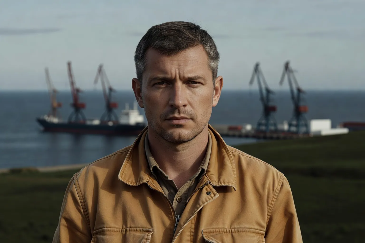 Portrait d'Andreï Lazarev, journaliste du Primorié, avec le port de Vladivostok en arrière-plan