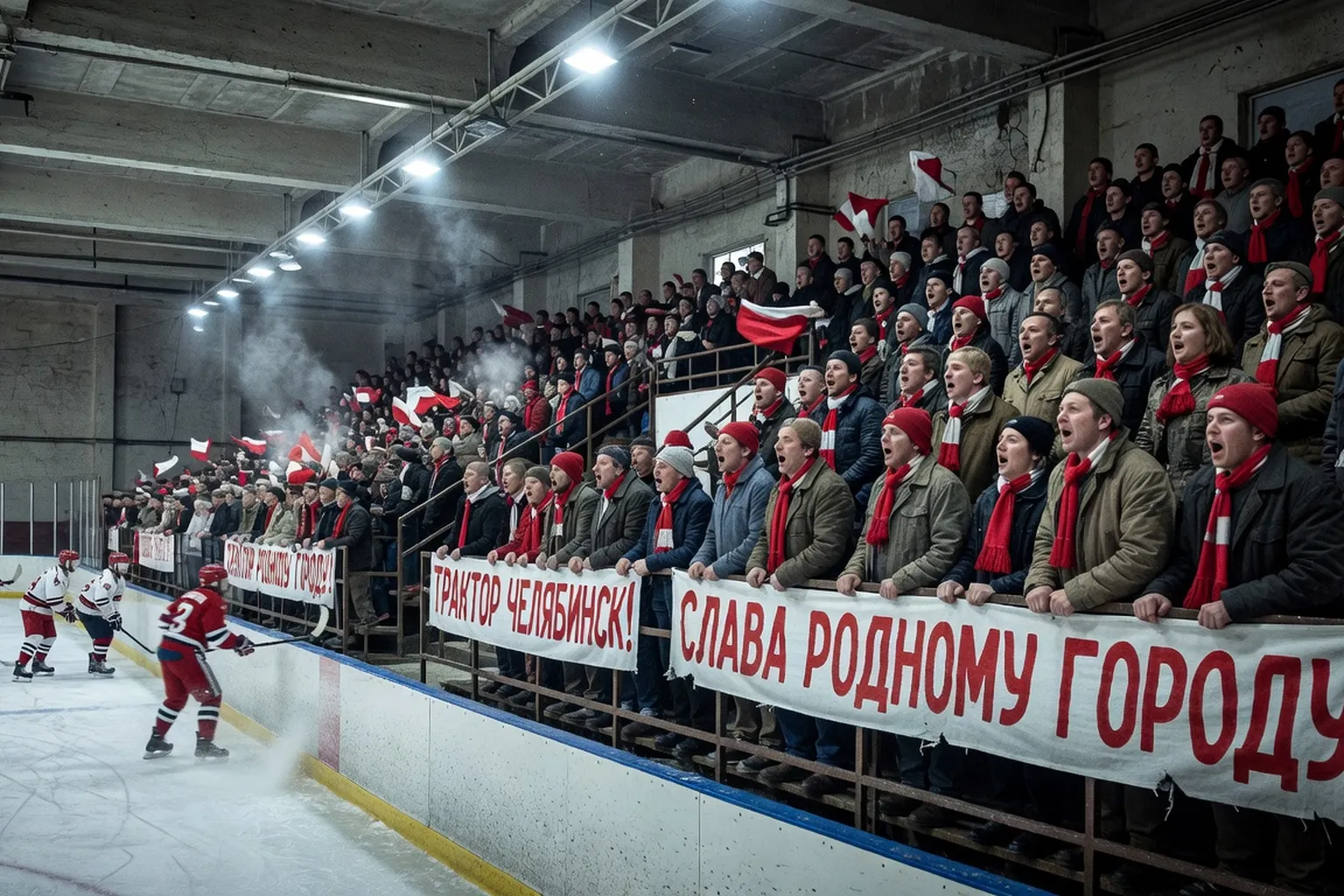 Patinoire intérieure de Chelyabinsk avec supporters du club Traktor en province russe
