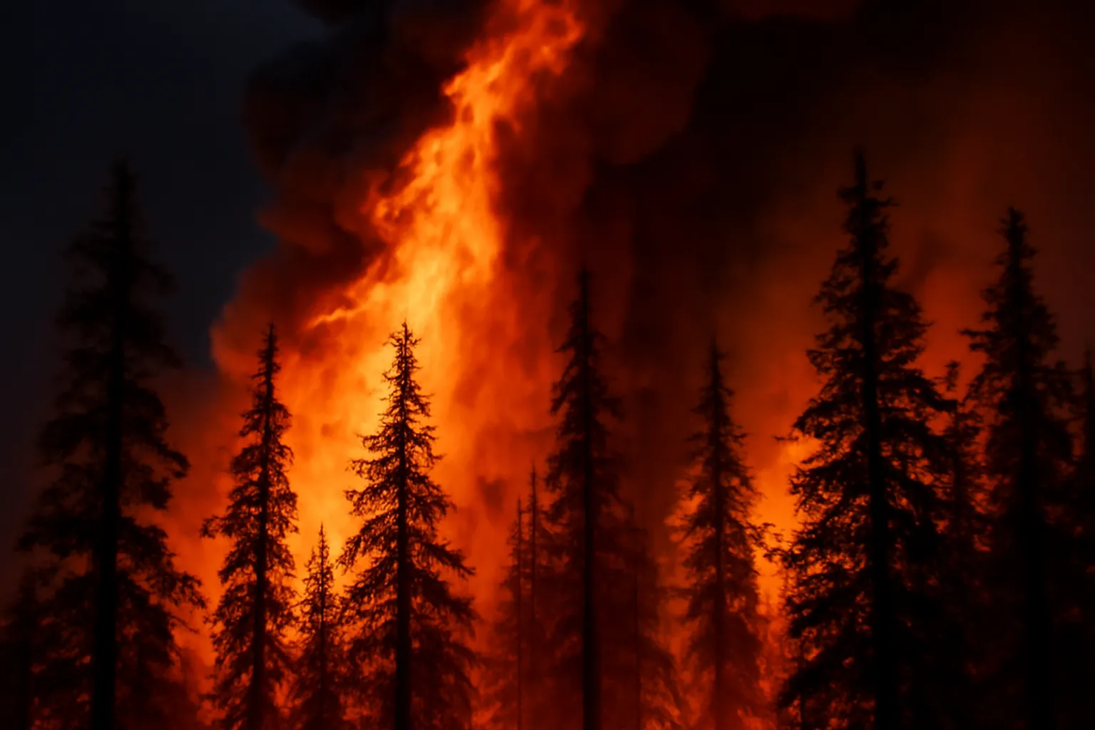 Incendie de forêt en Sibérie avec des flammes dans la taïga et une fumée épaisse montant vers le ciel