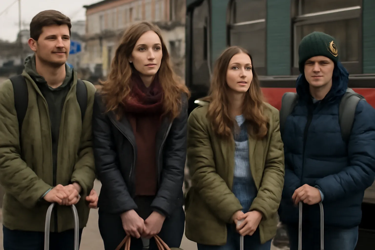 Jeunes Russes de province devant une gare ferroviaire avec valises, partant vers Moscou