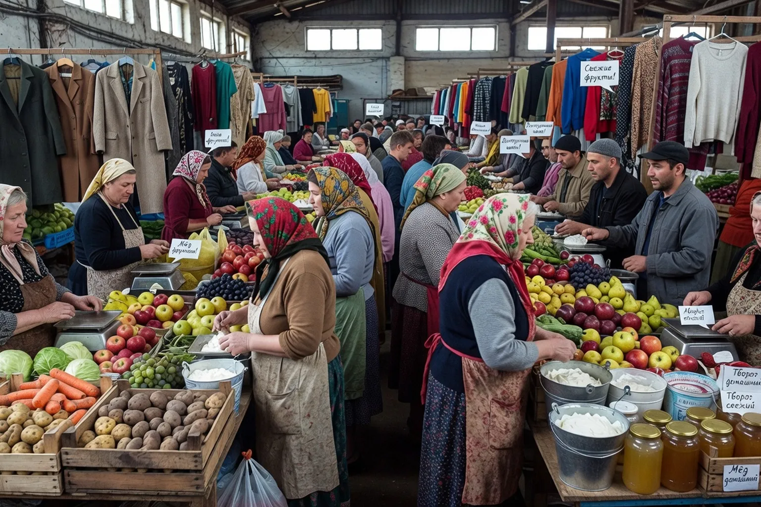 Marché couvert russe provincial avec des vendeurs de légumes, de fruits et de textiles dans une ville de province