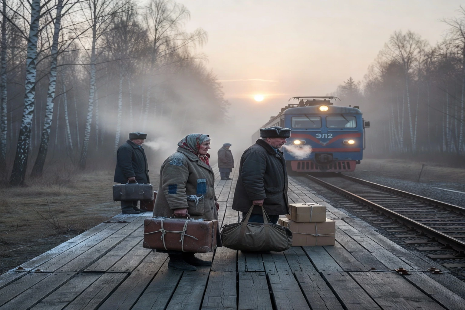 Gare de village russe avec voyageurs et valises, route vers le Sud