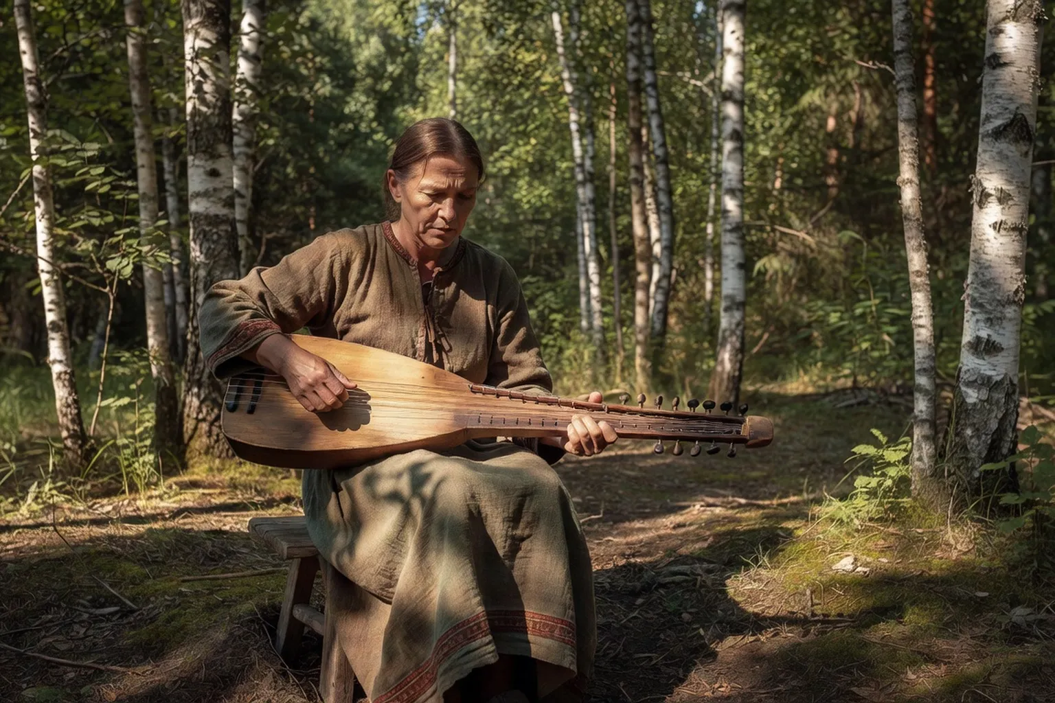 Musicienne jouant du gousli dans une forêt de Carélie en été
