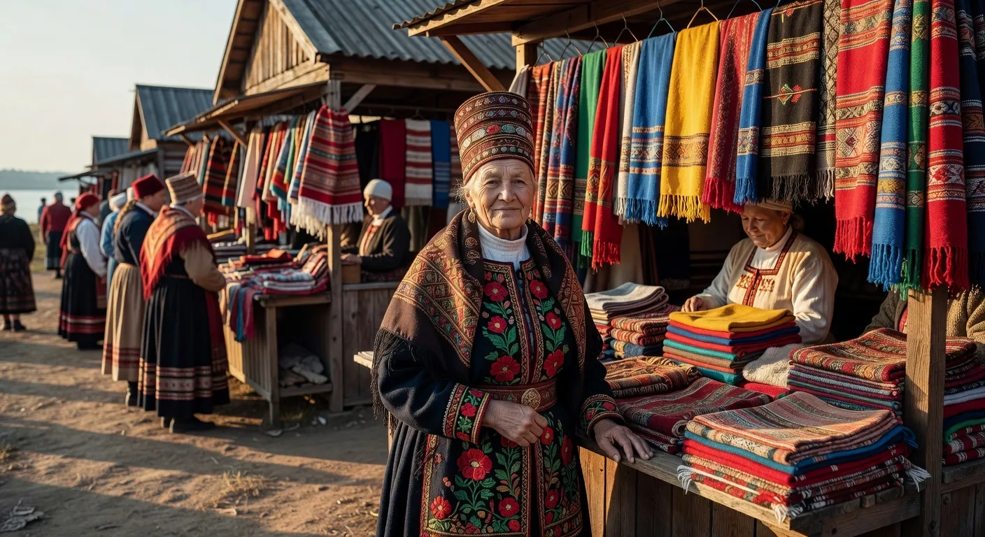 Cérémonie traditionnelle Mari dans une clairière sacrée de Russie centrale, personnages en costumes brodés