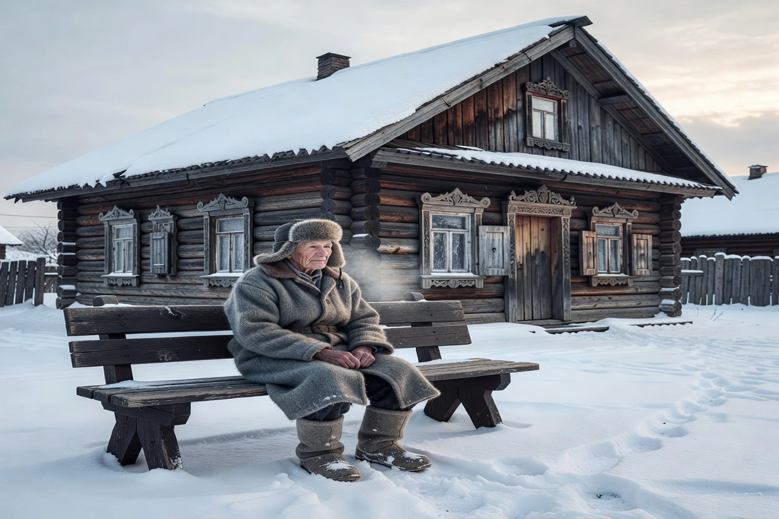 Personne âgée seule devant une maison de bois en province russe