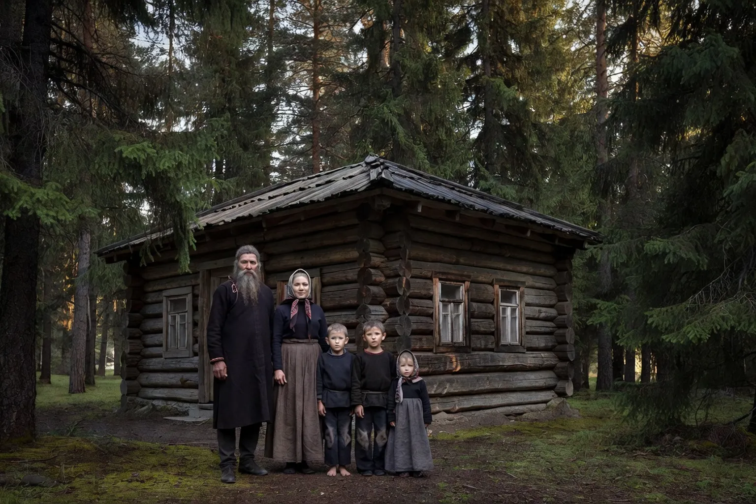 Famille de Vieux Croyants devant leur maison en bois dans la taïga de l'Altaï